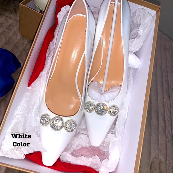Customized Red Bottomed Elegant White Heels with Crystal Embellishments - Picture 1 of 16